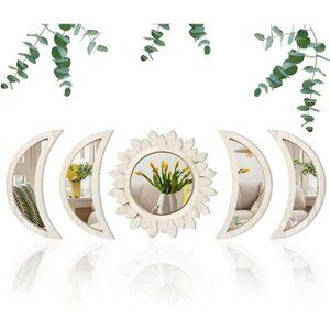Moon Phase Mirror Wall Decor Set Boho Wood Acrylic Sunburst Bedroom Art 5PC